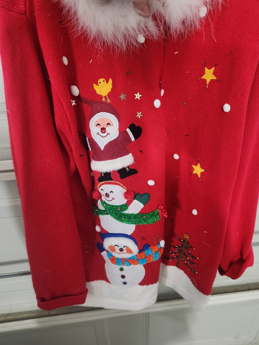 Quacker Factory Red Holiday Sweater with Snowman & Santa Stack Appliqués